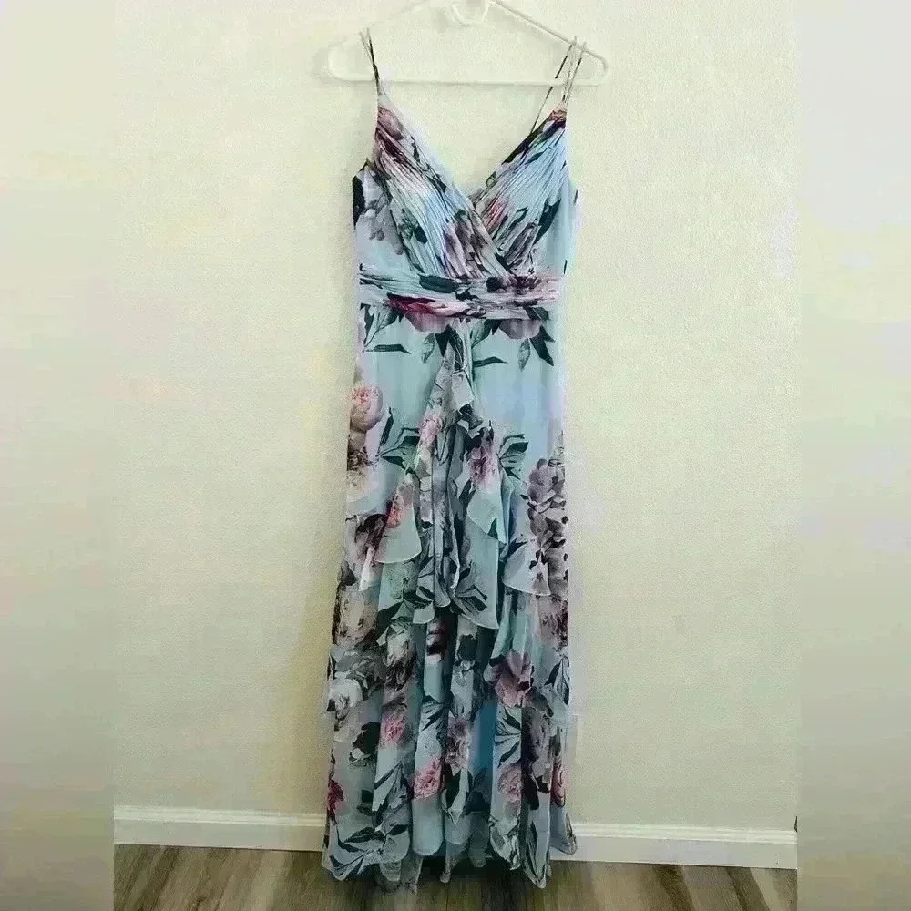 XSCAPE Floral-Print Ruffled High-Low Sleeveless Gown Size 2 - Picture 7 of 14